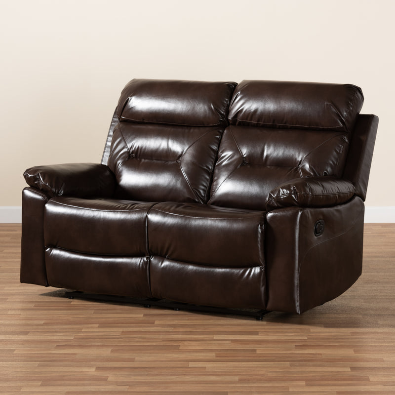 Byron Reclining Loveseat Modern Dark Brown Faux Leather Upholstered 2-Seater Sofa for Living Room Comfort and Style