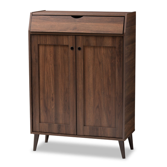 Cormier Mid-Century Modern Shoe Storage Cabinet - Walnut Brown 2-Door Wood Entryway Organizer for Stylish Home Storage