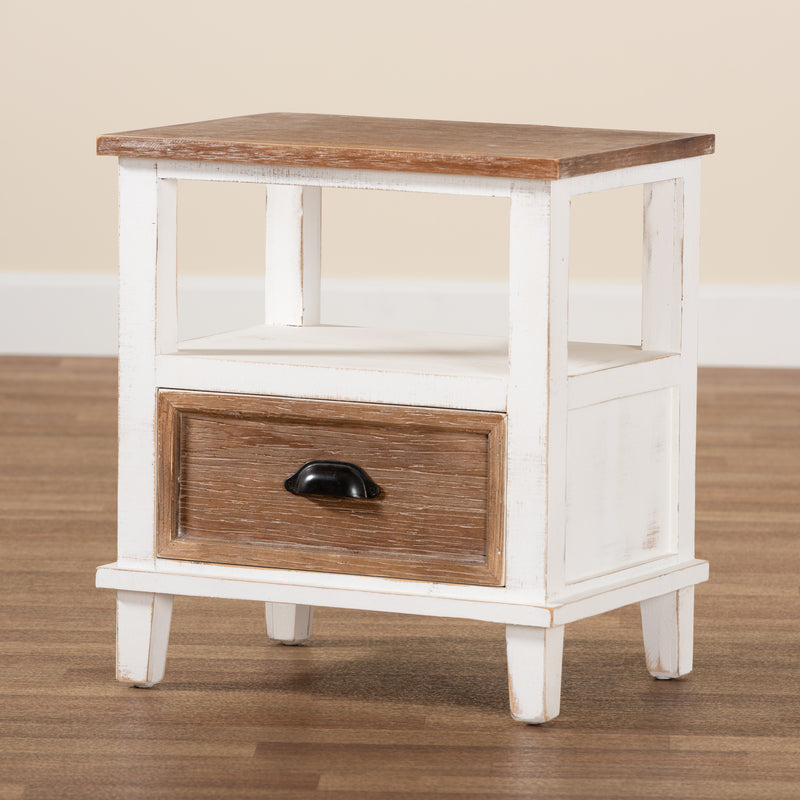 Glynn Rustic Farmhouse End Table Weathered Two-Tone White and Oak Brown Wood with 1 Drawer for Living Room or Bedroom Storage