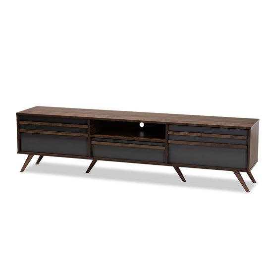 Naoki TV Stand - Modern Two-Tone Grey and Walnut Wood with Drop-Down Compartments for Stylish Living Room Storage