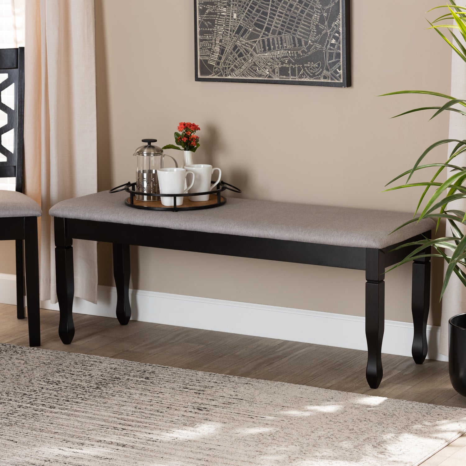 Corey Dining Bench Modern and Contemporary Grey Fabric Upholstered Dark Brown Finished Wood