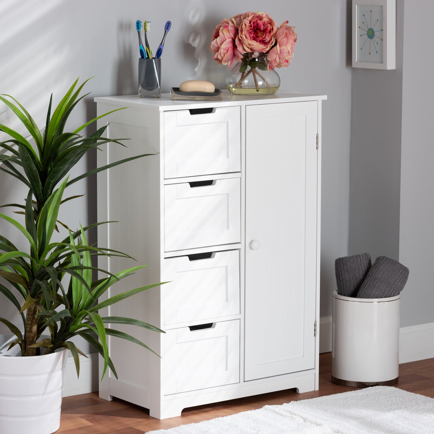 Bauer Bathroom Storage Cabinet Modern White Finished Wood 4-Drawer Organizer for Stylish Home Décor