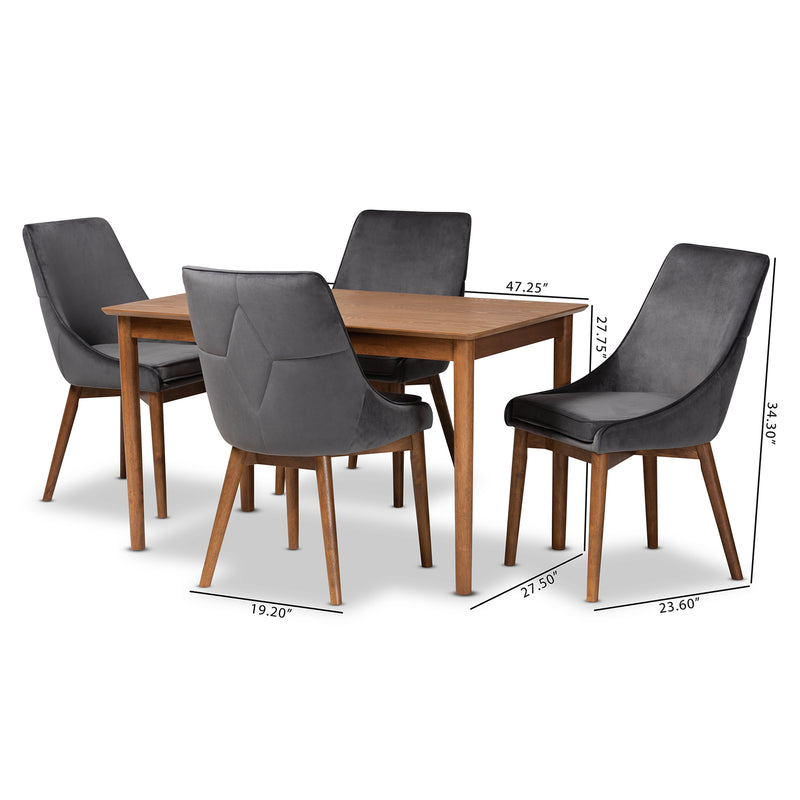 Gilmore Dining Set Modern Contemporary Grey Velvet Fabric Upholstered Walnut Brown Finished Wood 5-Piece