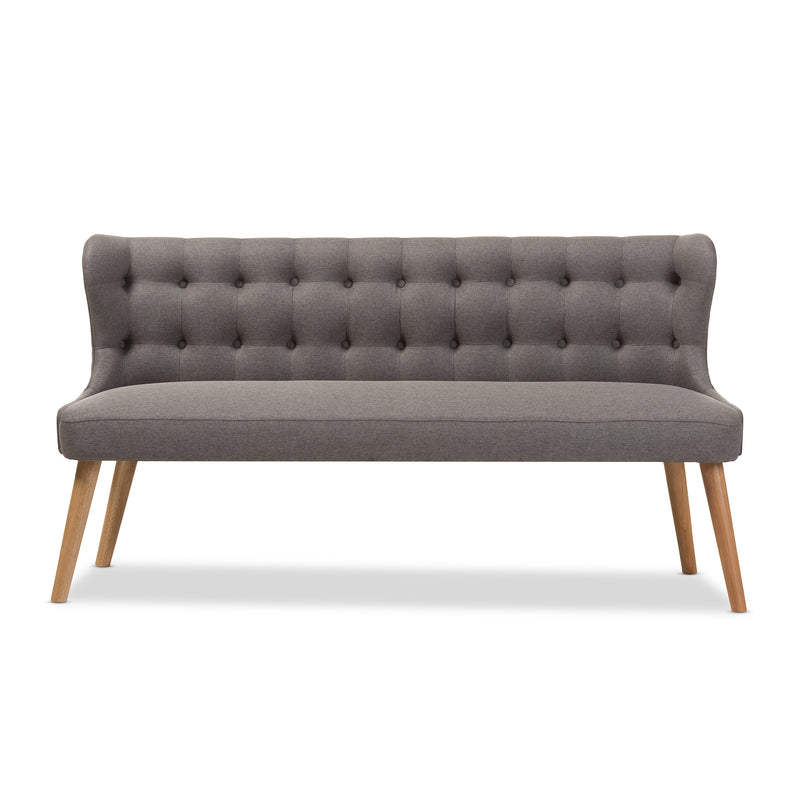 Melody 3-Seater Settee Bench in Mid-Century Modern Style with Grey Fabric and Natural Wood Finish