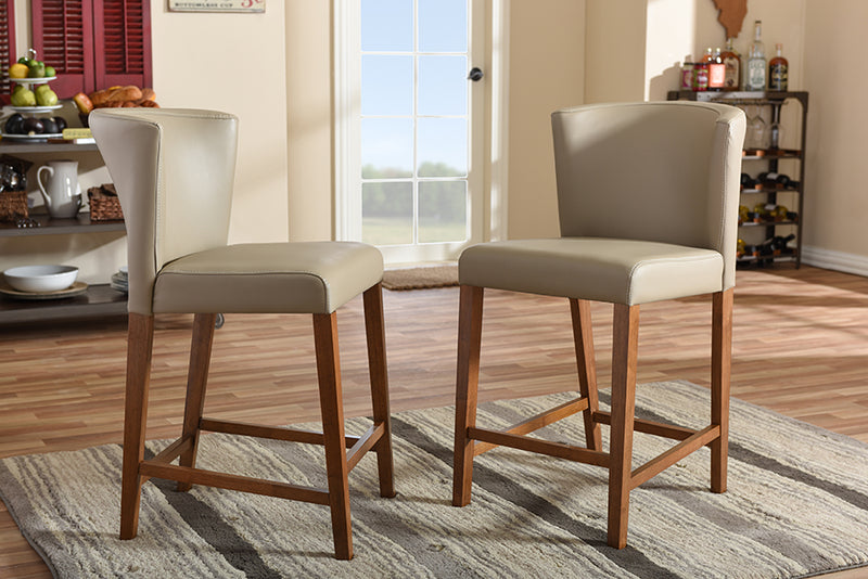 Olivia Pub Stool Set of 2 Mid-century Modern Scandinavian Dark Walnut Wood Grey Faux Leather Upholstery