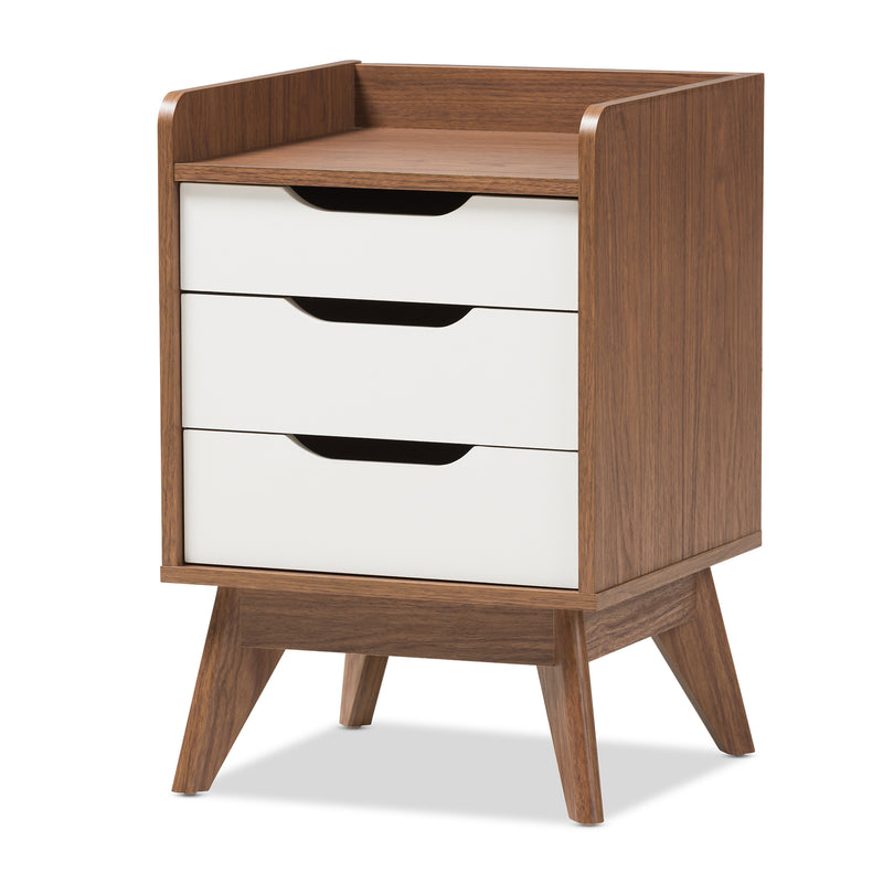 Brighton Nightstand - Mid-Century Modern 3-Drawer Storage in White and Walnut