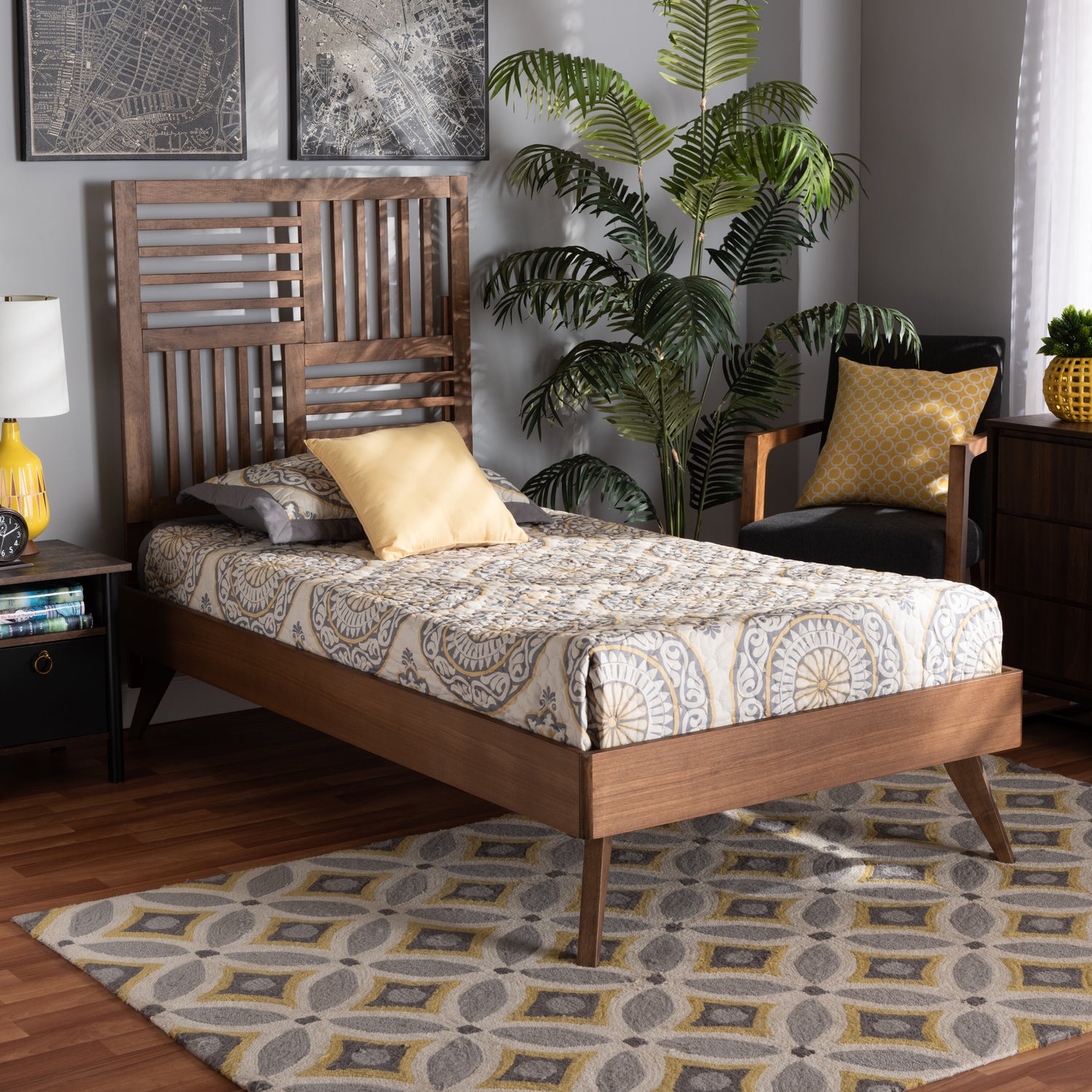 Gemma Twin Size Platform Bed - Mid-Century Modern Design in Walnut Brown Finished Wood