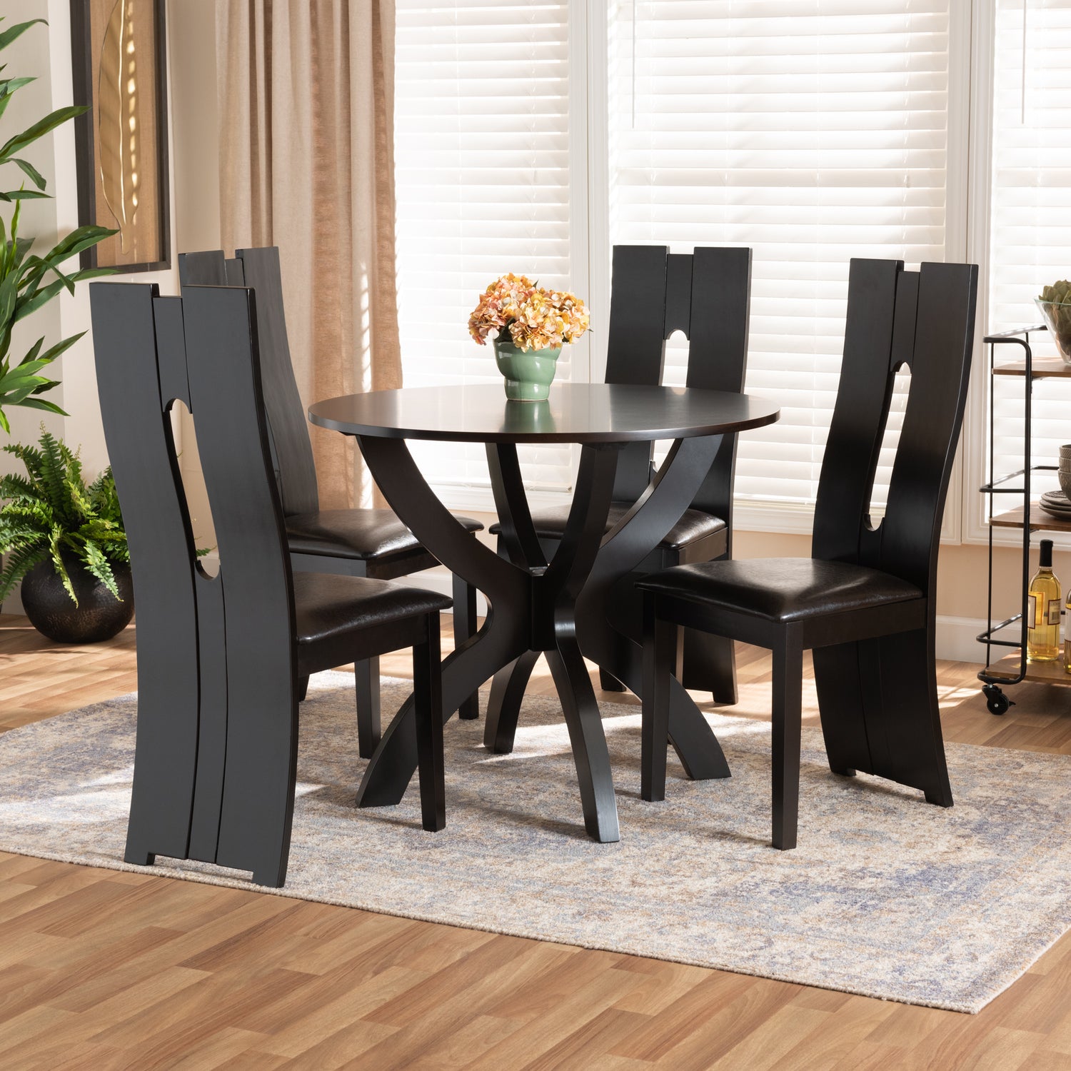 Ronda 5-Piece Dining Set Modern Dark Brown Faux Leather Chairs with Dark Brown Finished Wood Table