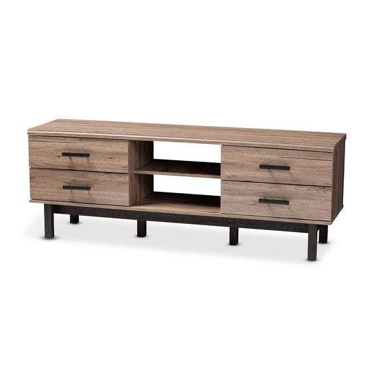 Arend TV Stand Modern Two-Tone Oak and Ebony Wood Design with 4 Drawers for Stylish Storage and Organization