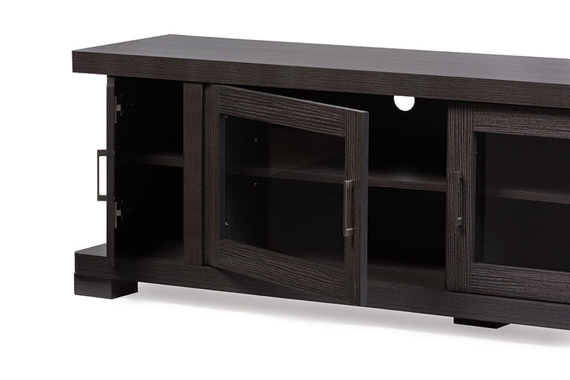 Viveka 70-Inch TV Cabinet in Greyish Dark Brown Wood with 2 Glass Doors and 2 Solid Doors for Stylish Living Room Storage Solutions