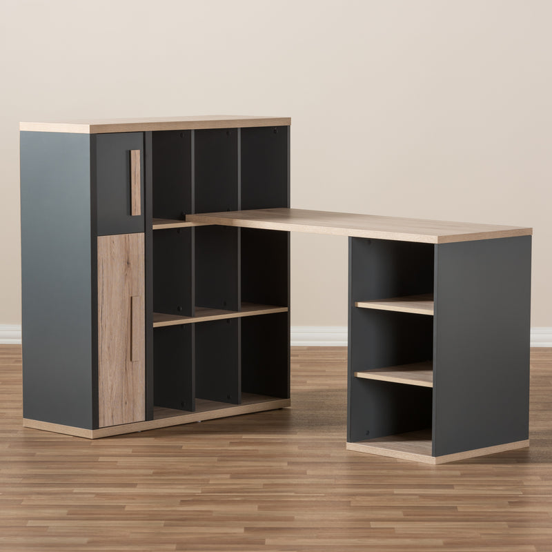 Pandora Study Desk - Modern Dark Grey and Light Brown Two-Tone Design with Built-in Shelving Unit