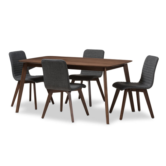 Sugar Dining Set Mid-Century Modern Dark Grey Fabric Upholstered Walnut Wood Finished 5-Piece