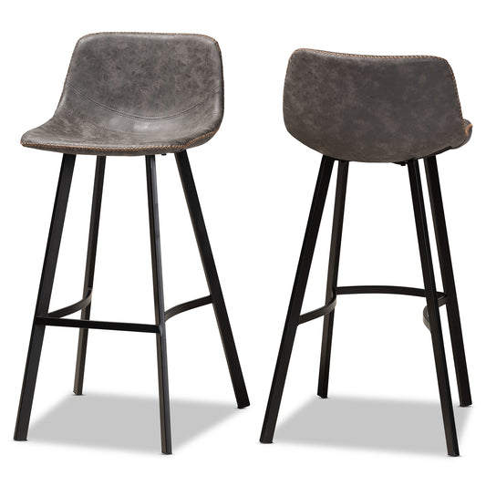 Tani Bar Stool Set - Rustic Industrial Grey and Brown Faux Leather Upholstered 2-Piece Metal Bar Stools with Black Finish