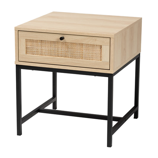 Caterina End Table - Mid-Century Modern Design in Natural Brown Wood and Rattan with 1 Storage Drawer