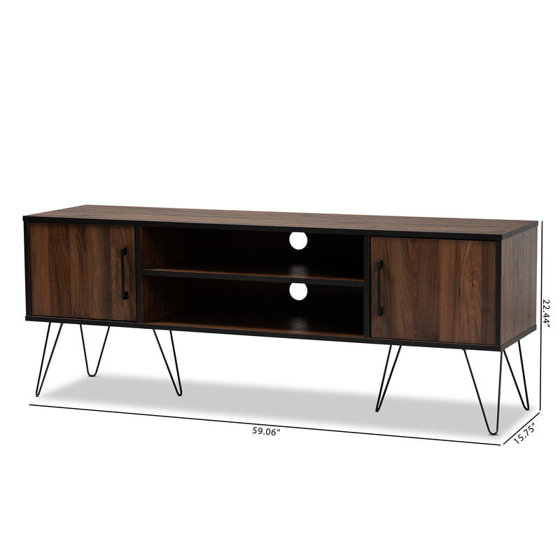 Corina TV Stand Mid-Century Modern Two-Tone Walnut and Black Wood Entertainment Center with Storage for Living Room