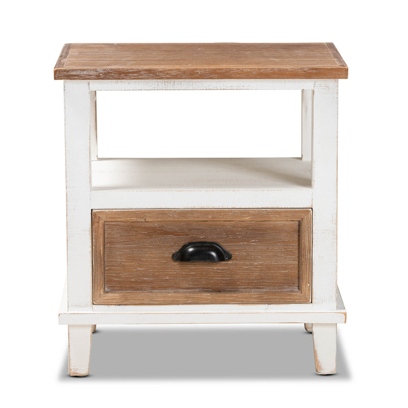 Glynn Rustic Farmhouse End Table Weathered Two-Tone White and Oak Brown Wood with 1 Drawer for Living Room or Bedroom Storage