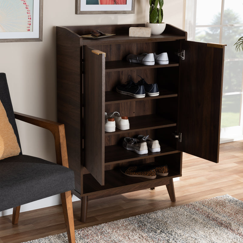 Lena Mid-Century Modern Shoe Cabinet Walnut Brown 5-Shelf Wood Entryway Storage for Organizing Footwear and Accessories