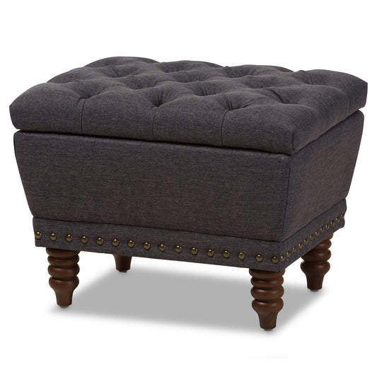 Annabelle Ottoman Modern and Contemporary Dark Grey Fabric Upholstered Walnut Wood Finished Button-Tufted Storage