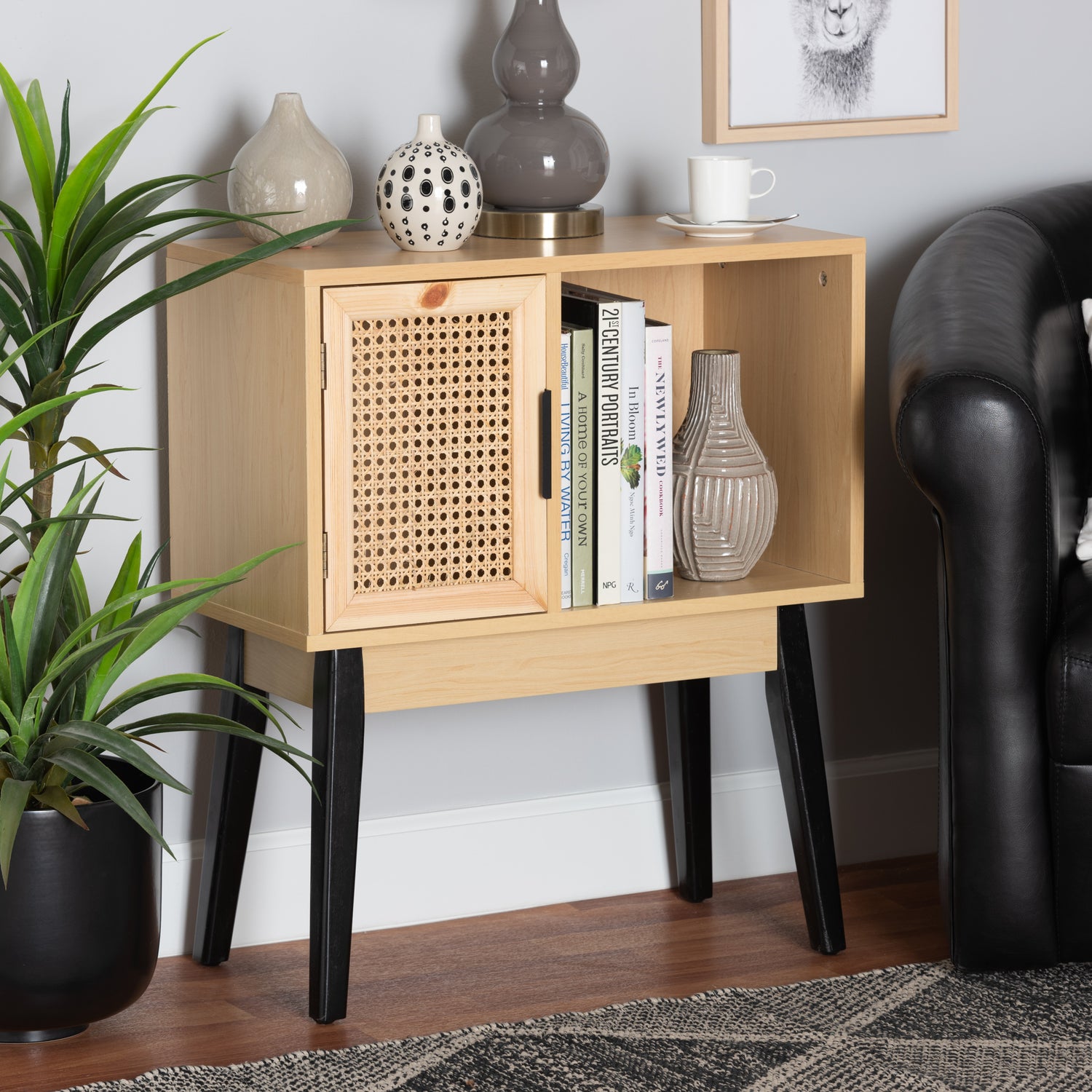 Dacre Mid-Century Modern Console Table - Two-Tone Oak Brown and Black Wood with Natural Rattan 1-Door Design