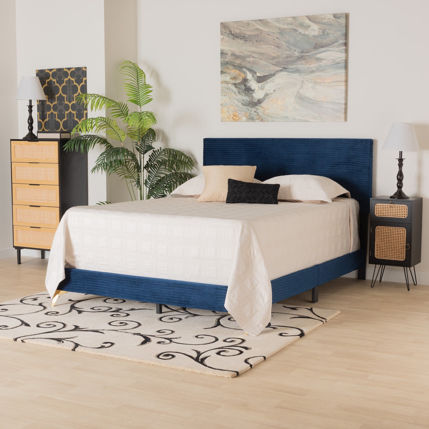 Abberton Panel Bed - Modern and Contemporary Navy Blue Velvet with Gold Metal Accents