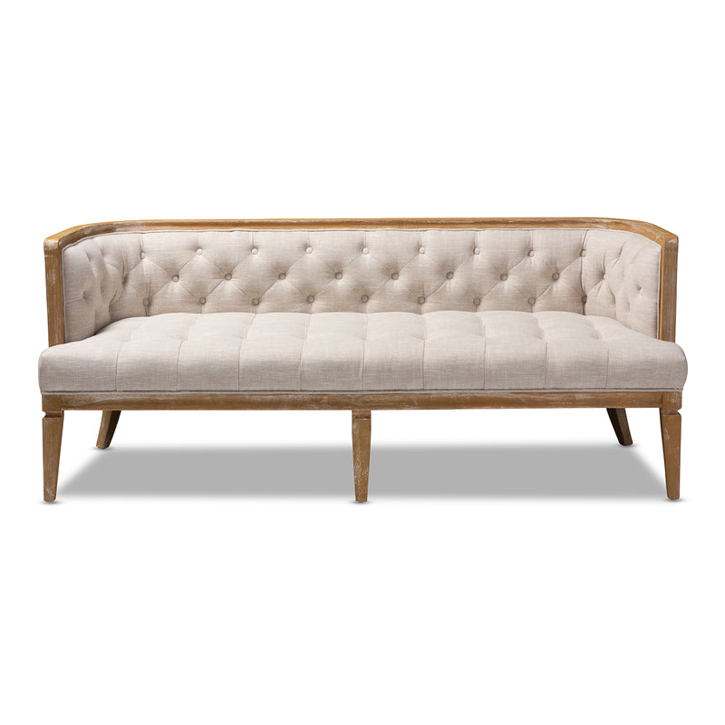 Agnes Sofa French Provincial Beige Linen Upholstered with White-Washed Oak Frame, Elegant Living Room Furniture, Classic Design