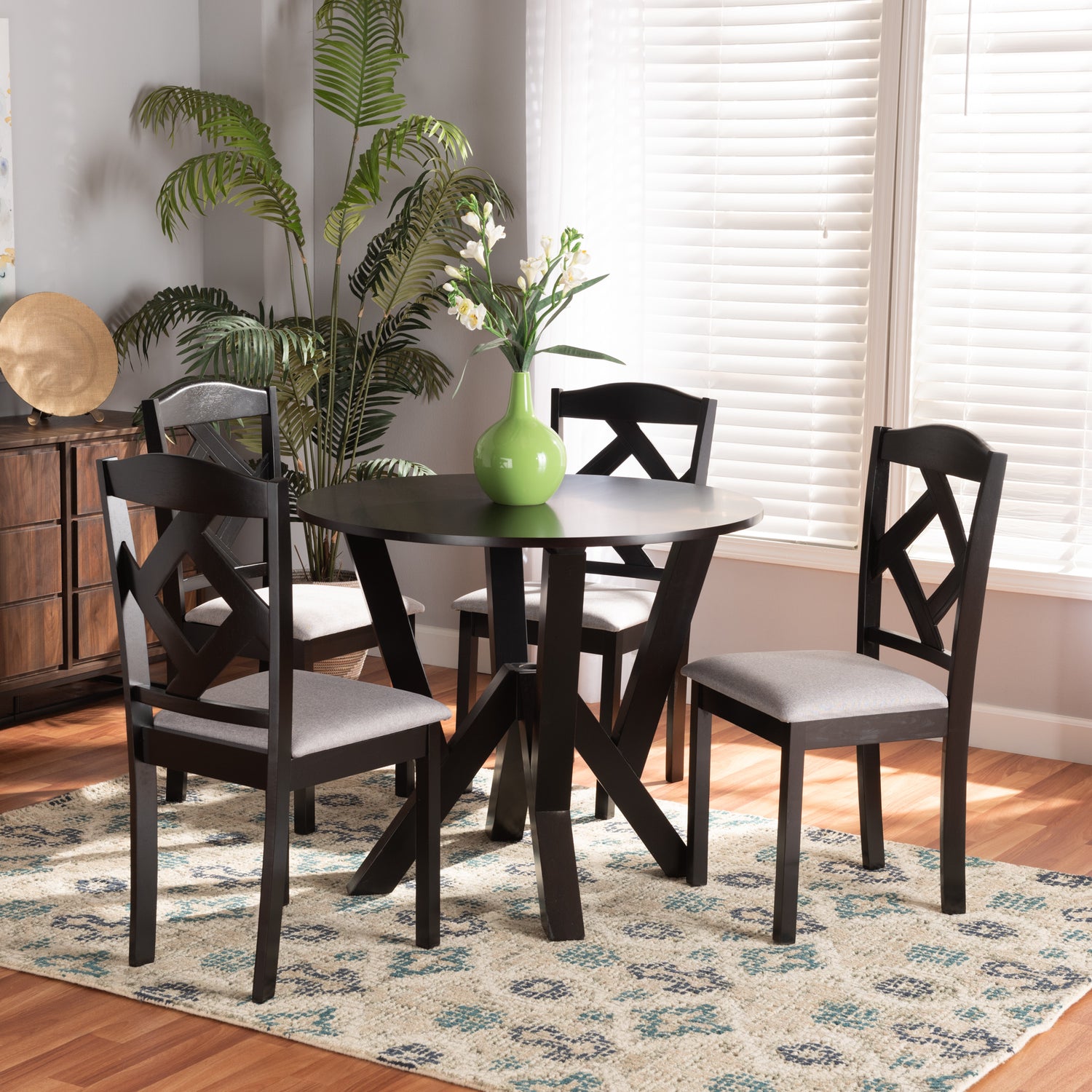 Riona Dining Set Modern Transitional Grey Fabric Upholstered and Dark Brown Finished Wood 5-Piece