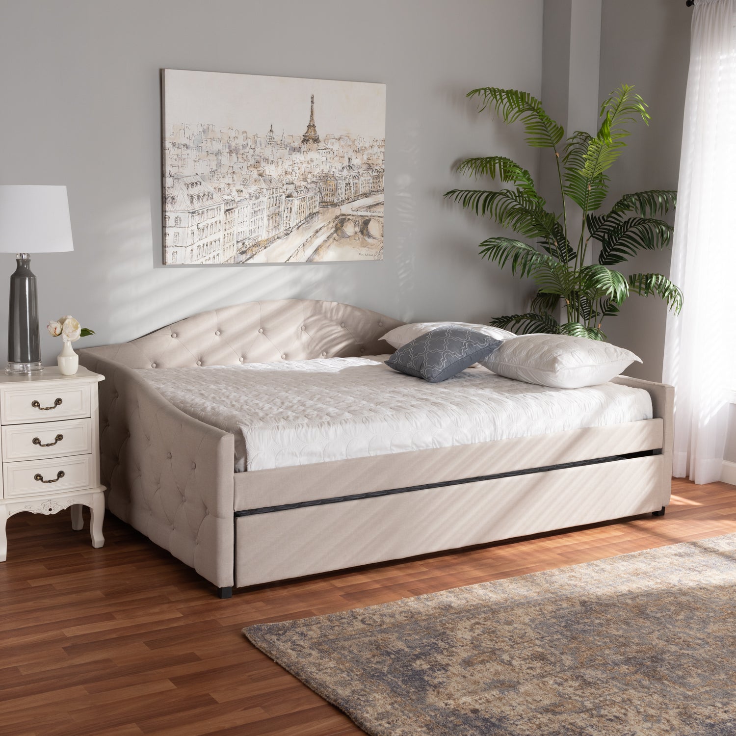 Becker Daybed - Modern and Contemporary Transitional Beige Fabric Upholstered with Trundle