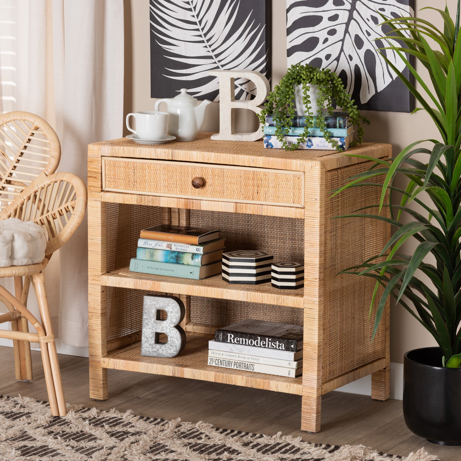 Bella Console Table - Modern Bohemian Design in Natural Brown Mahogany with Rattan Drawer