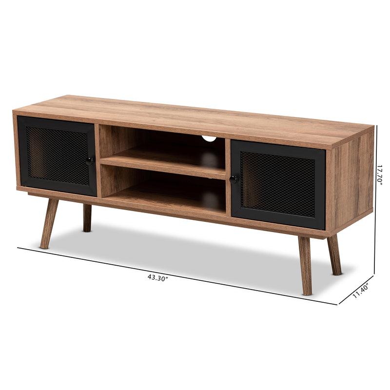 Yuna TV Stand Mid-Century Modern Design Natural Brown Wood Black Metal 2-Door Storage Solution for Living Room Entertainment