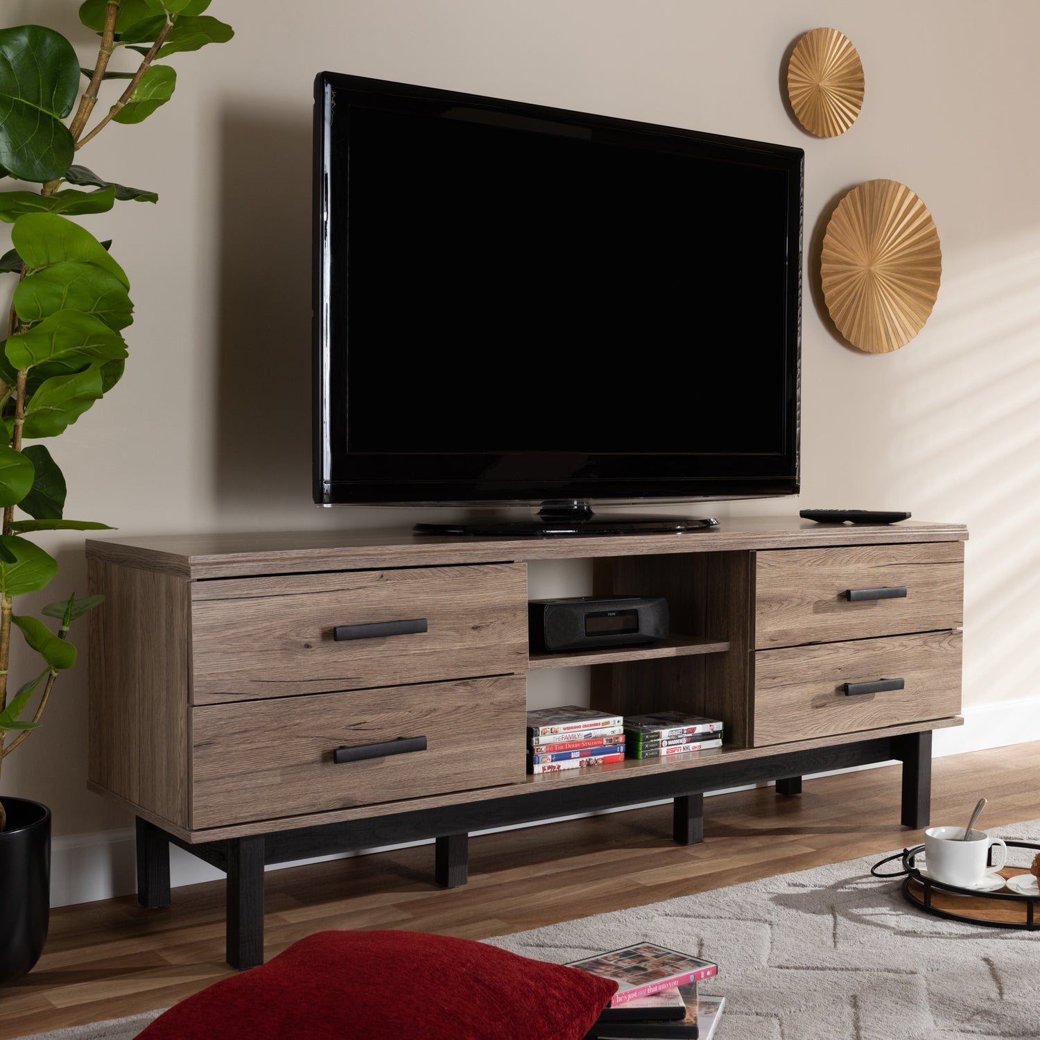 Arend TV Stand Modern Two-Tone Oak and Ebony Wood Design with 4 Drawers for Stylish Storage and Organization