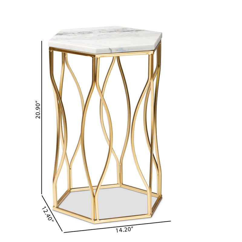 Kalena Modern Gold Metal End Table with Marble Top Contemporary Accent Furniture for Living Room or Bedroom