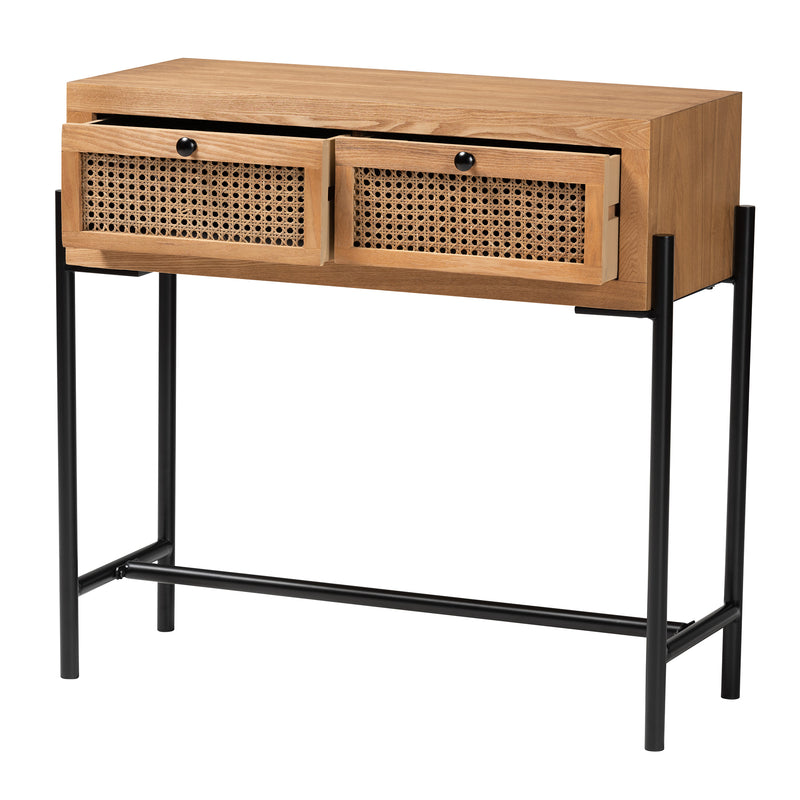 Santino Console Table Modern Industrial Design Natural Brown Wood Black Metal 2 Drawers for Storage and Style