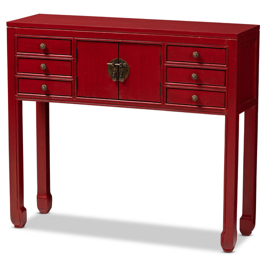 Melodie Console Table Classic Antique Red Finished Wood with Bronze Accents, 6-Drawer Storage for Living Room or Entryway