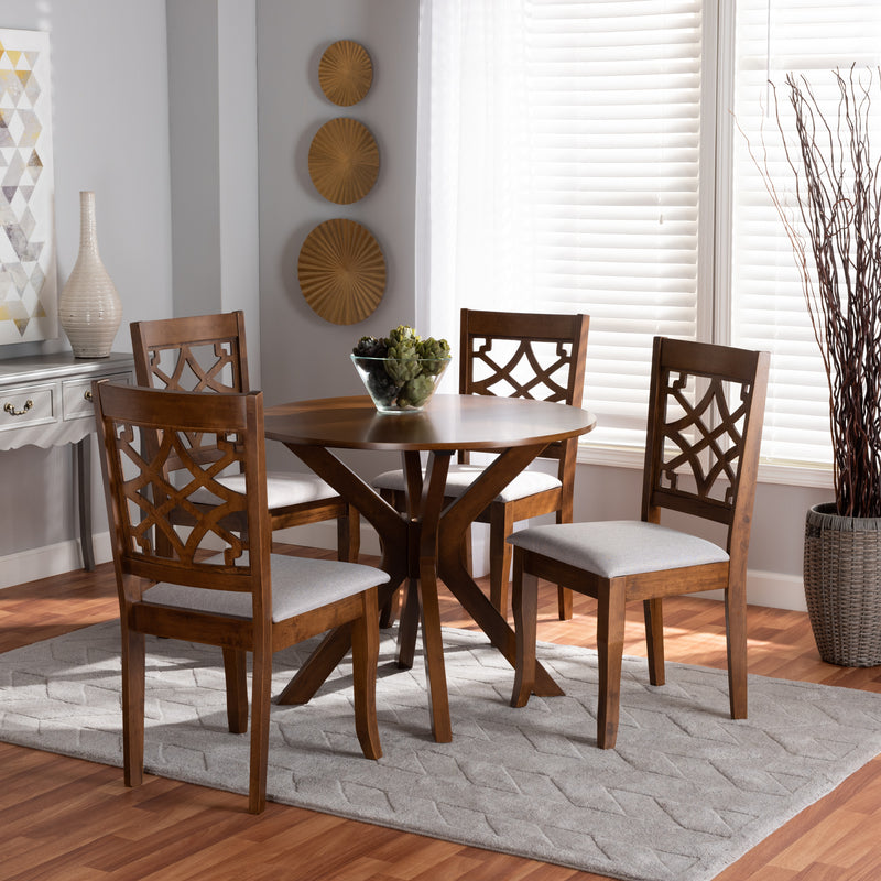 Elena Dining Set Modern and Contemporary Grey Fabric Upholstered with Dark Brown Finished Wood 5-Piece