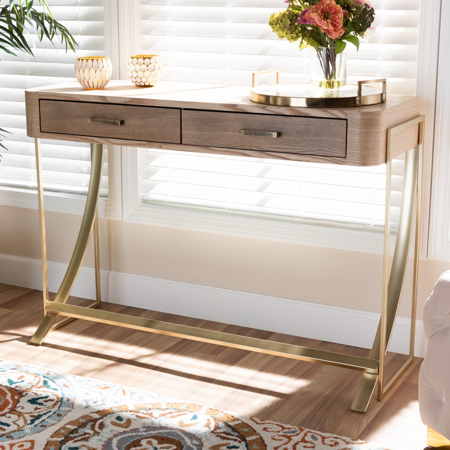 Lafoy Console Table Modern Contemporary Design Natural Brown Wood Gold Accents 2 Drawers for Storage