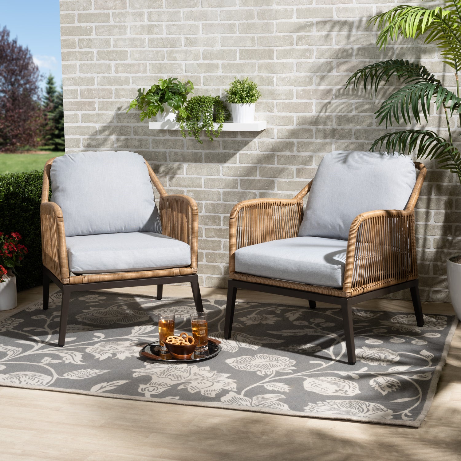 Endecott Modern Contemporary 2-Piece Patio Chair Set Grey Fabric Upholstery Brown Synthetic Rattan