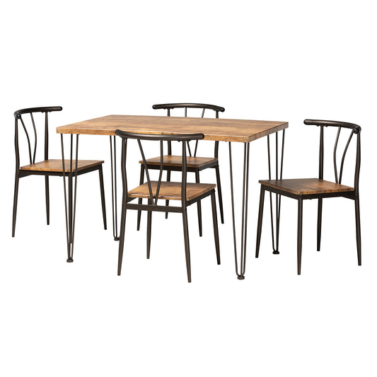 Tilda Dining Set Modern Industrial 5-Piece Collection with Natural Brown Wood and Dark Bronze Metal Accents for Stylish Dining Spaces