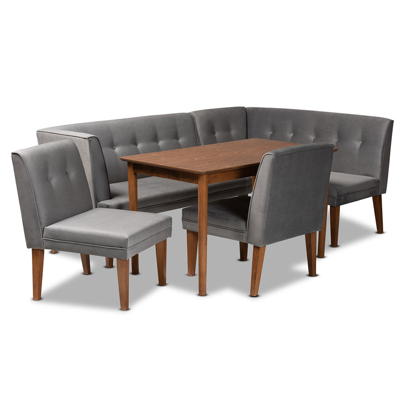 Stewart Mid-Century Modern Dining Set 5-Piece Grey Velvet Table and Walnut Brown Finished Wood Chairs