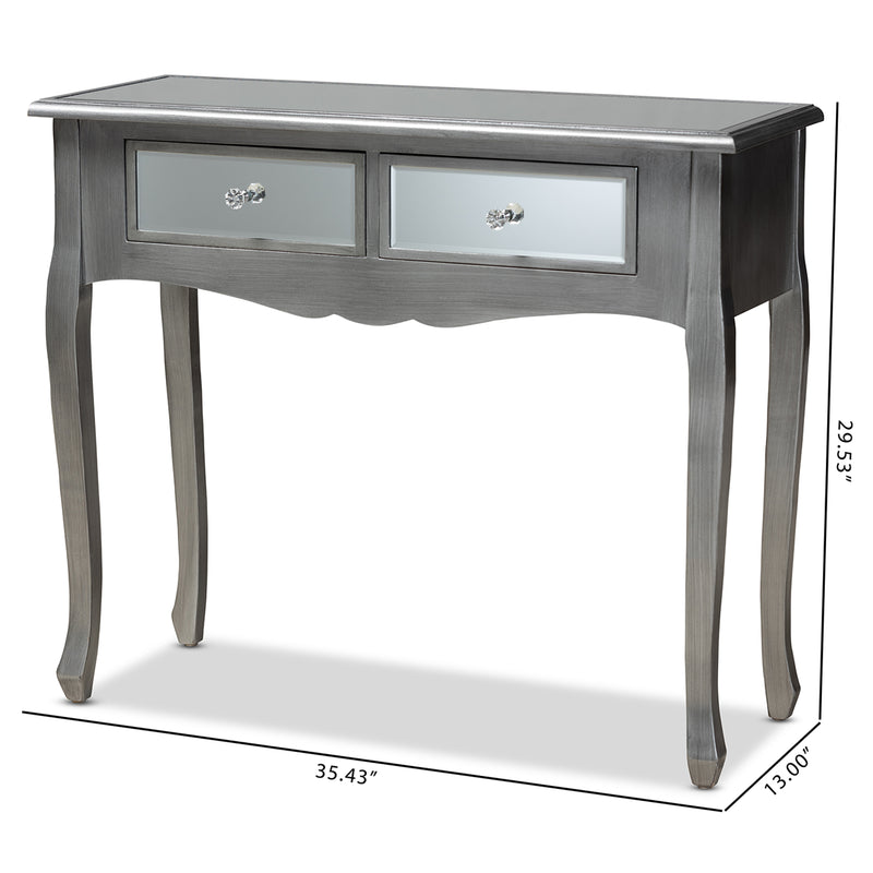 Leonie Console Table Modern Transitional Design with Brushed Silver Wood and Mirrored Glass Featuring 2 Drawers for Stylish Storage