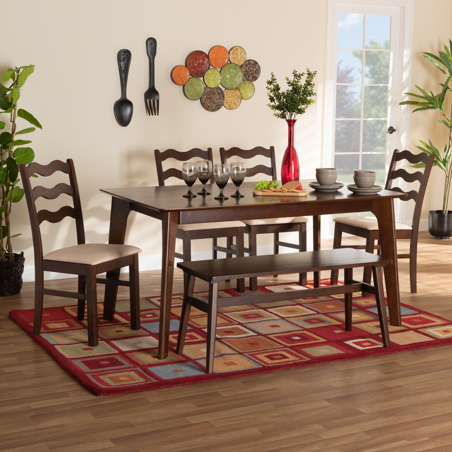 Amara Dining Set Mid-Century Modern 6-Piece Cream Fabric and Dark Brown Wood Collection for Stylish Dining Rooms