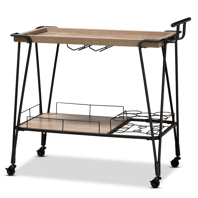 Perilla Wine Serving Cart - Modern Rustic Industrial Design with Oak Brown Wood and Black Metal, 2-Tier Storage for Home Bar