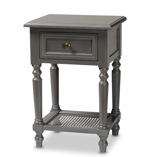 Sheldon End Table Modern Contemporary Vintage Grey Finished Wood with 1 Drawer for Living Room or Bedroom Storage