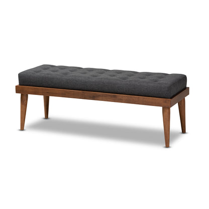 Linus Bench Mid-Century Modern Dark Grey Fabric Upholstered and Button Tufted Wood