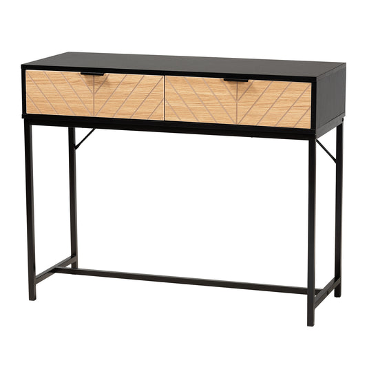 Jacinth Console Table Modern Industrial Design Two-Tone Black and Natural Brown Wood with Black Metal Featuring 2 Storage Drawers