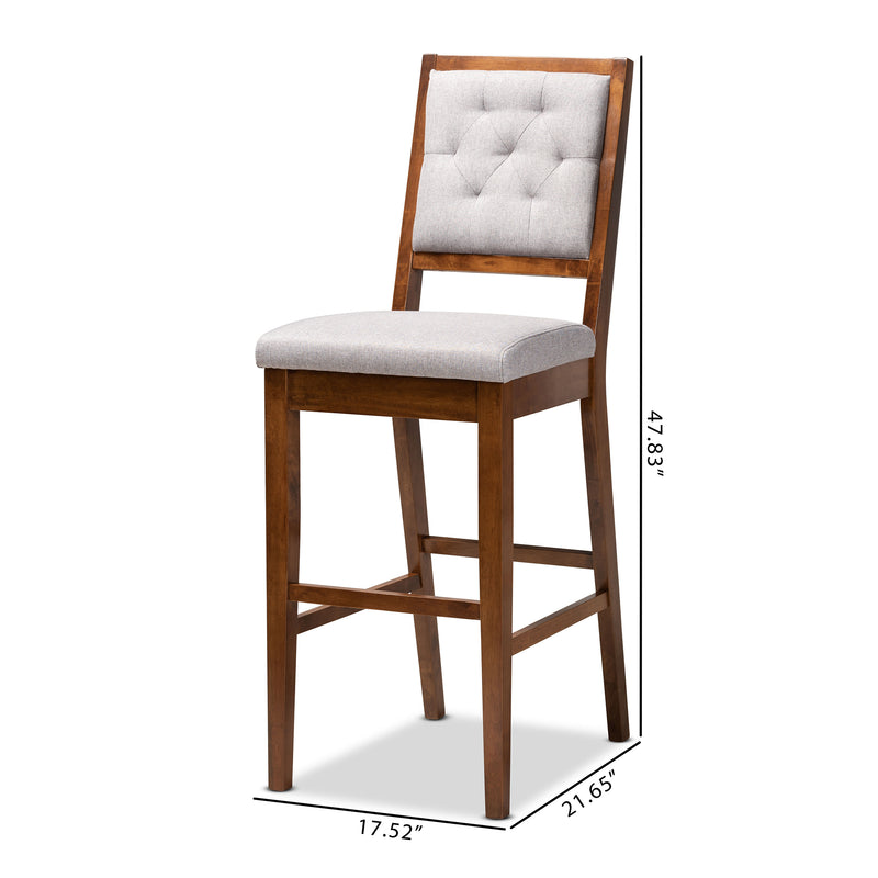 Gideon Bar Stool Set Modern and Contemporary Grey Fabric Upholstered Walnut Brown Finished Wood 2-Piece