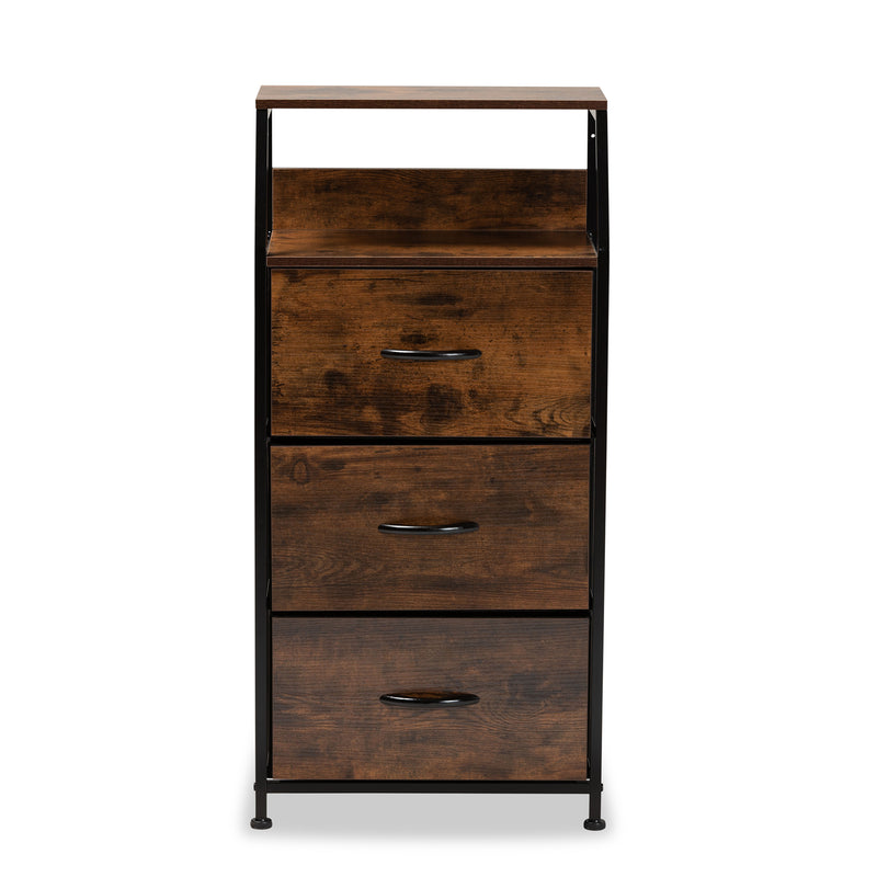 Jacop Modern Industrial 3-Drawer Storage Cabinet in Walnut Brown Wood and Black Metal for Stylish Organization