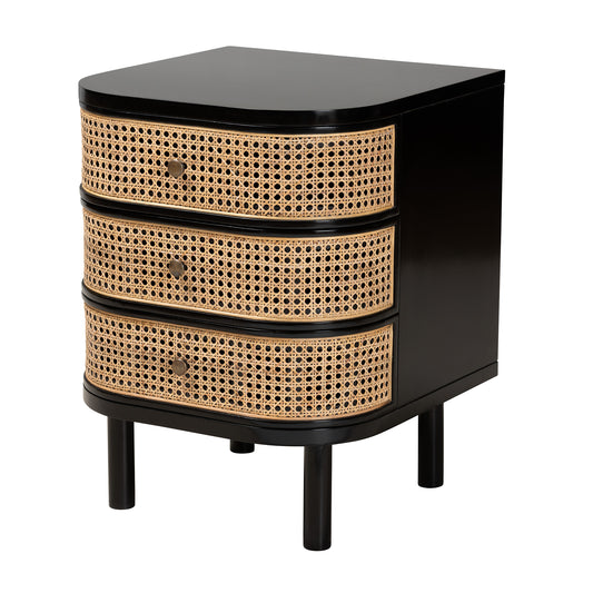 Nabila Modern Bohemian End Table Black Bayur Wood Natural Rattan 3-Drawer Nightstand for Stylish Bedroom Storage