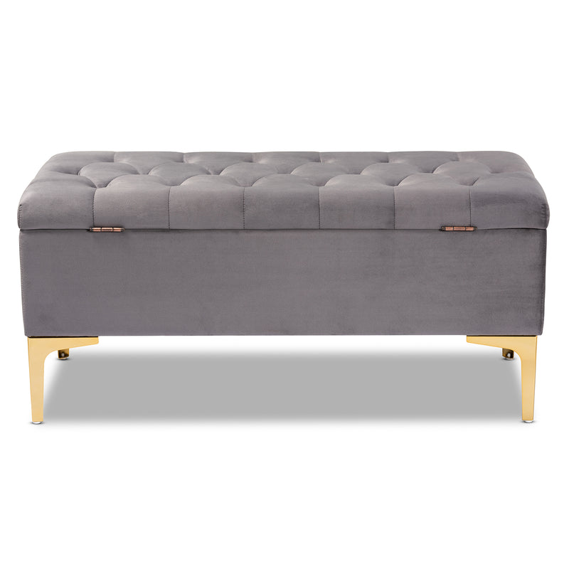 Valere Ottoman Glam and Luxe Grey Velvet Fabric Upholstered Gold Finished Button Tufted Storage