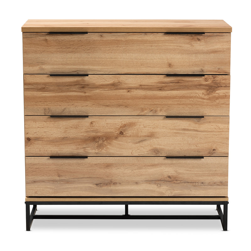 Reid 4-Drawer Dresser in Modern Industrial Style with Oak Finish and Black Metal Accents