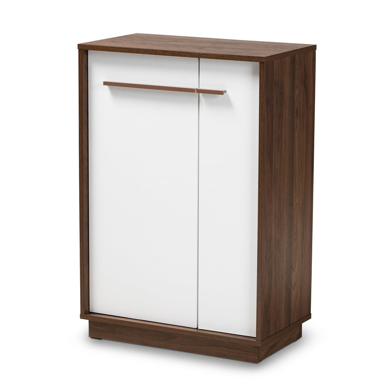 Mette Mid-Century Modern Shoe Cabinet - Two-Tone White and Walnut 5-Shelf Wood Storage Solution for Shoes and Accessories